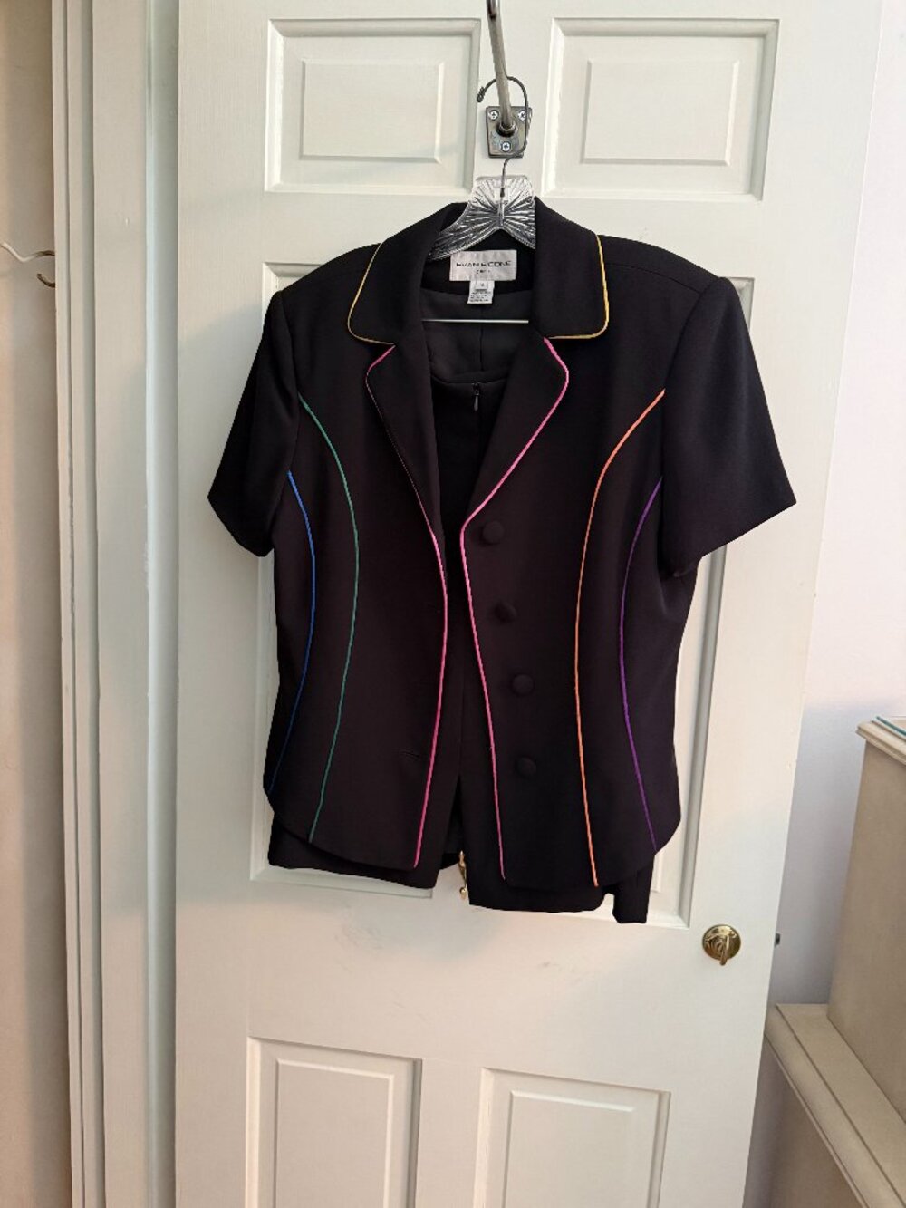Vintage Evan Picone Black Dress & Jacket Set Size 14 Colorful Piping